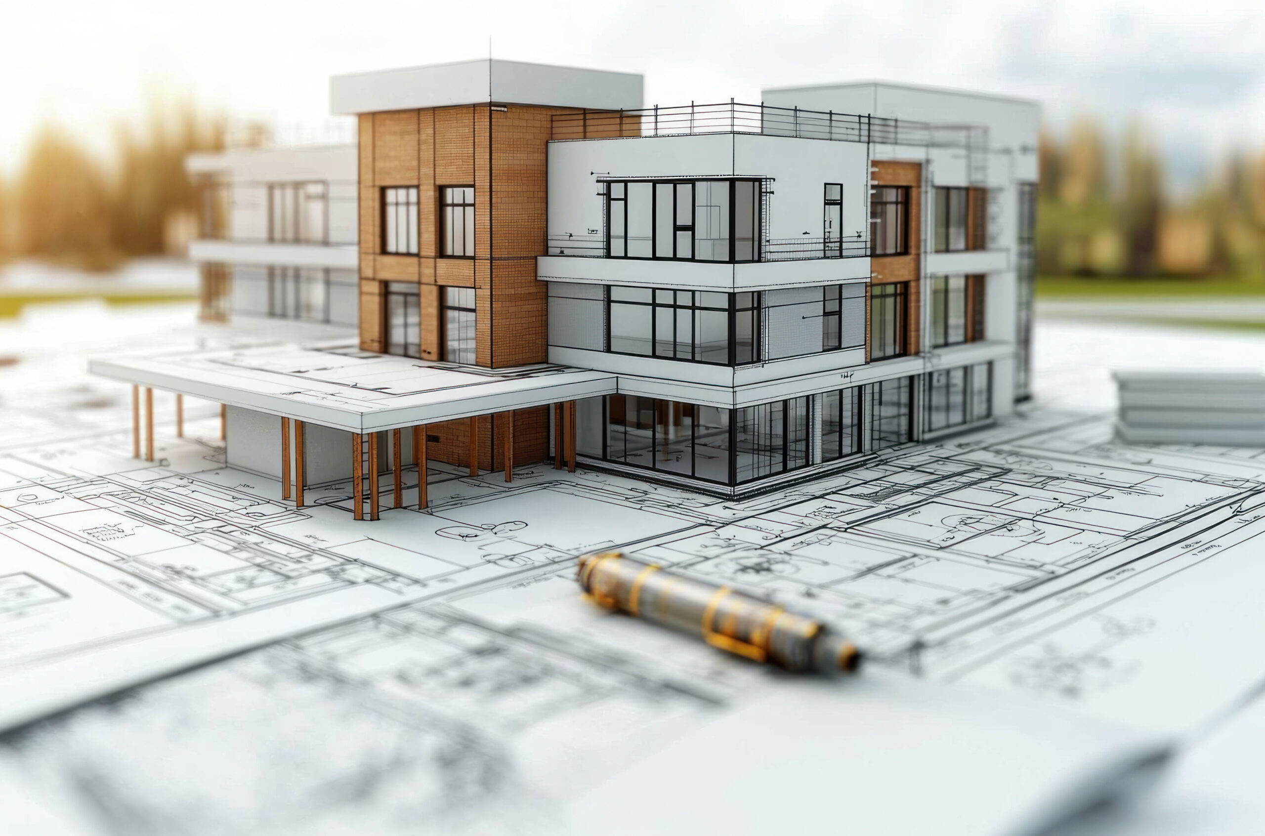 A modern building model placed on architectural blueprints and d